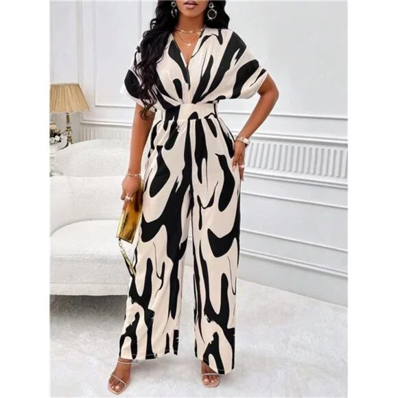 Allover Print Batwing Sleeve Belted Jumpsuit